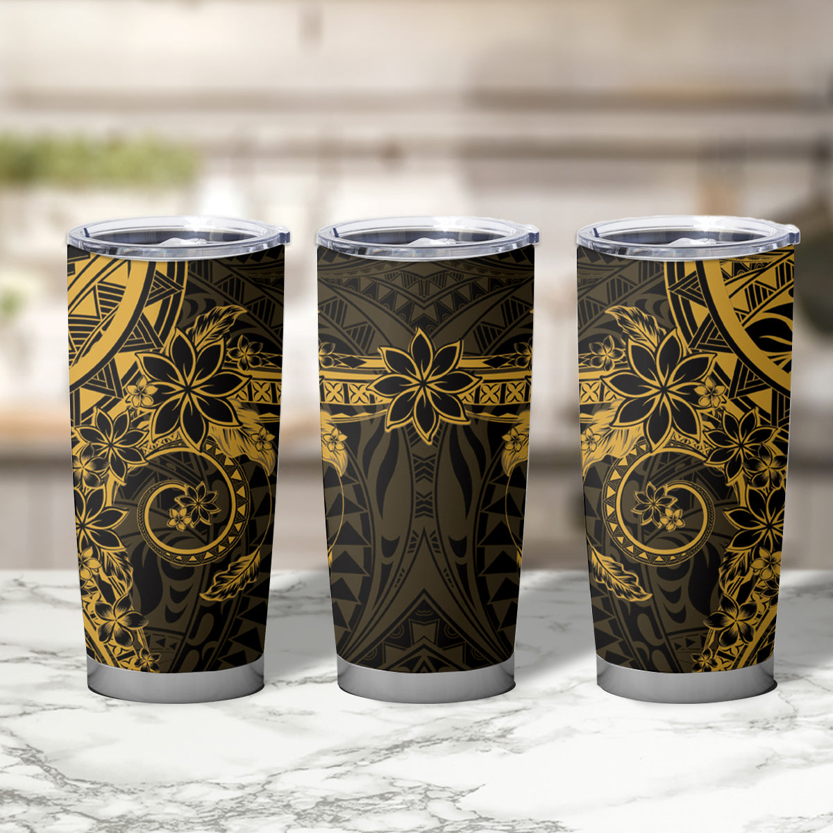 Gold Polynesian Pattern With Plumeria Flowers Tumbler Cup LT05 - Polynesian Pride