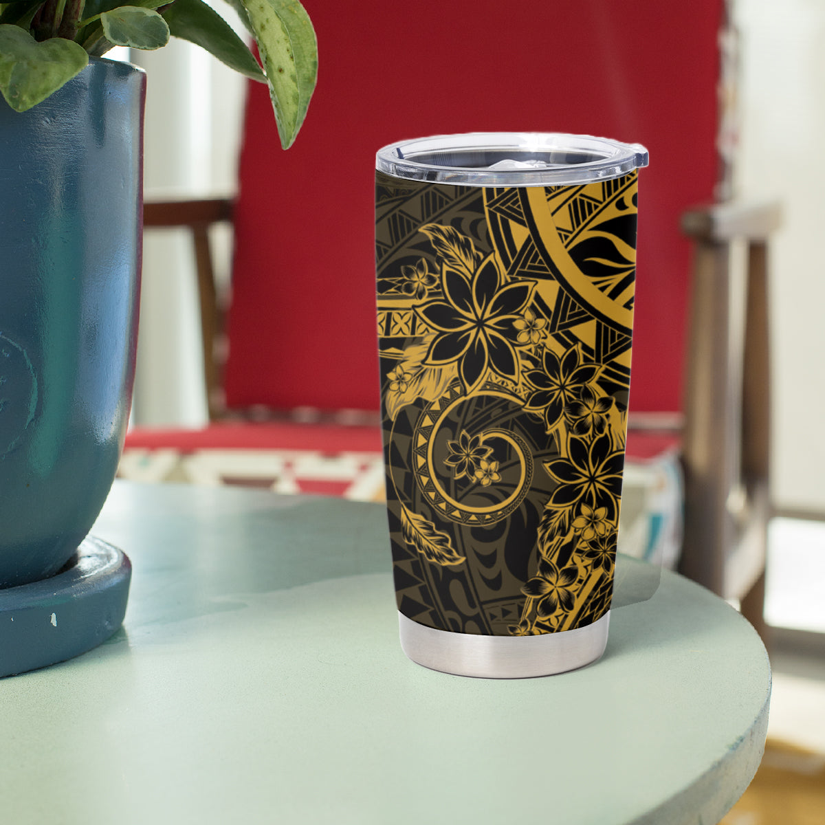 Gold Polynesian Pattern With Plumeria Flowers Tumbler Cup LT05 - Polynesian Pride