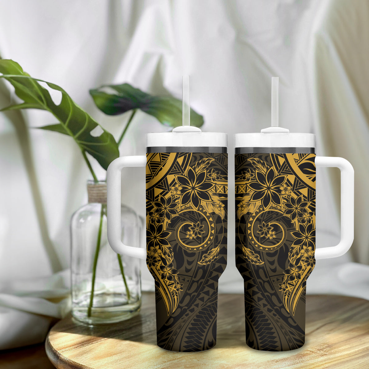 Gold Polynesian Pattern With Plumeria Flowers Tumbler With Handle LT05 - Polynesian Pride