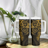Gold Polynesian Pattern With Plumeria Flowers Tumbler With Handle LT05 - Polynesian Pride