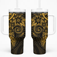 Gold Polynesian Pattern With Plumeria Flowers Tumbler With Handle LT05 One Size: 40 oz Gold - Polynesian Pride