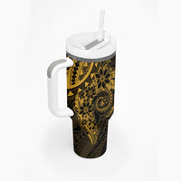 Gold Polynesian Pattern With Plumeria Flowers Tumbler With Handle LT05 - Polynesian Pride
