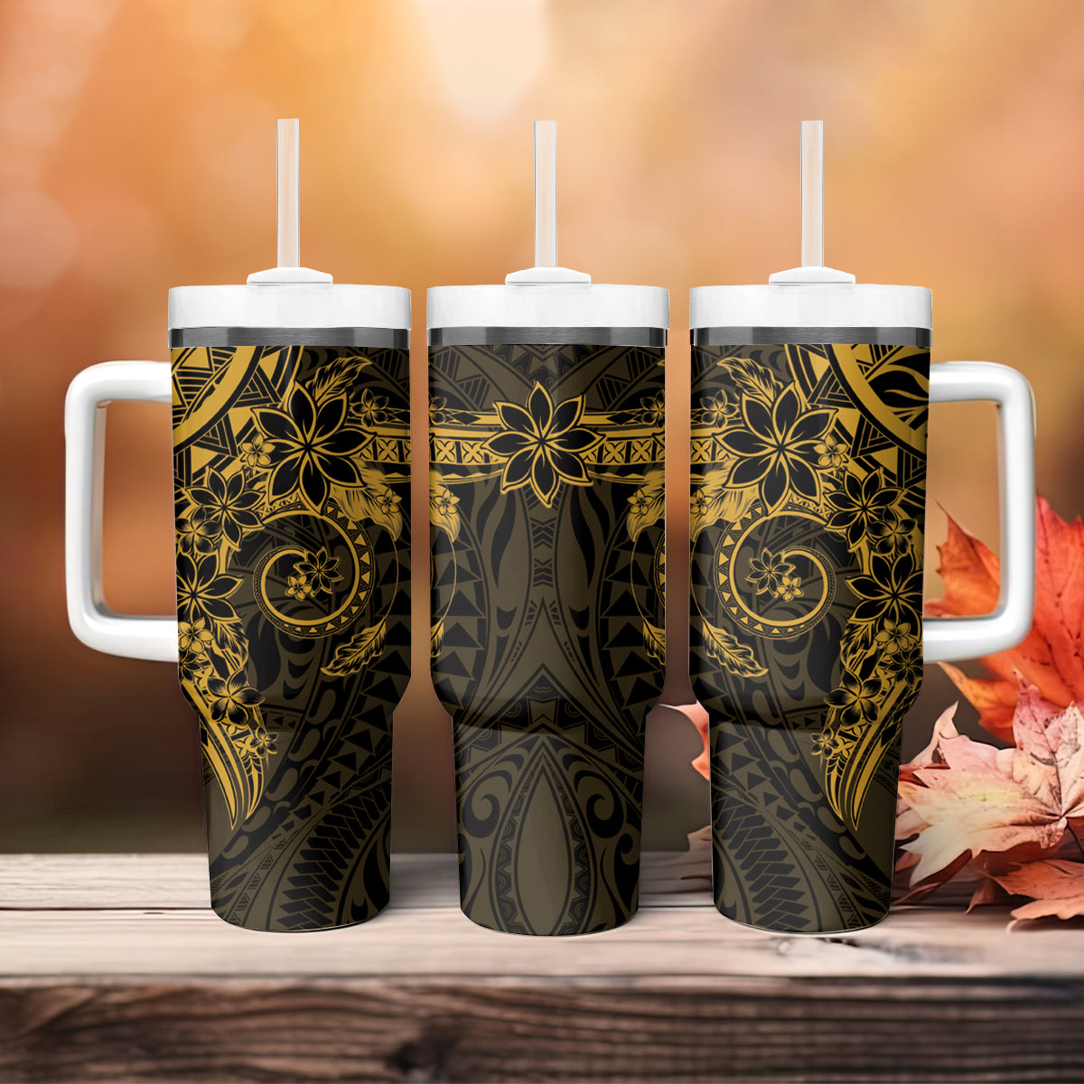 Gold Polynesian Pattern With Plumeria Flowers Tumbler With Handle LT05 - Polynesian Pride