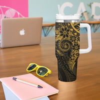 Gold Polynesian Pattern With Plumeria Flowers Tumbler With Handle LT05 - Polynesian Pride