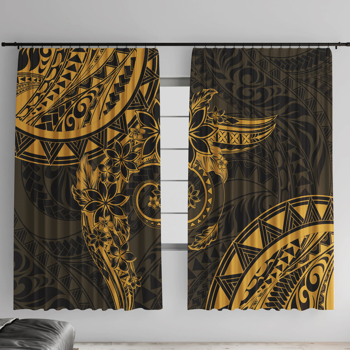 Polynesian Sunset Plumeria Window Curtain Gold Polynesian Tattoo LT05 With Hooks Gold - Polynesian Pride