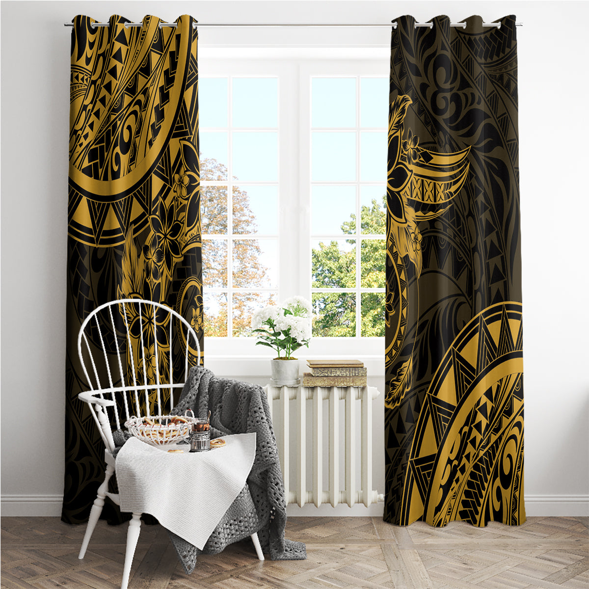 Polynesian Sunset Plumeria Window Curtain Gold Polynesian Tattoo LT05 - Polynesian Pride