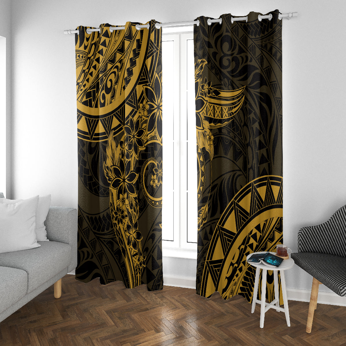 Polynesian Sunset Plumeria Window Curtain Gold Polynesian Tattoo LT05 With Grommets Gold - Polynesian Pride