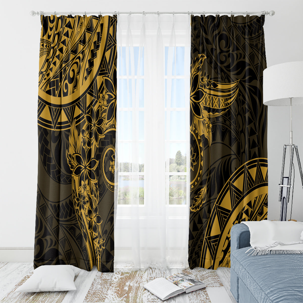 Polynesian Sunset Plumeria Window Curtain Gold Polynesian Tattoo LT05 - Polynesian Pride