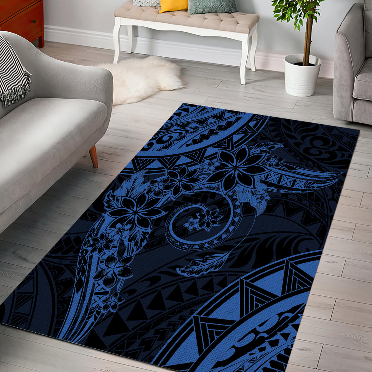 Polynesian Sunset Plumeria Area Rug Navy Polynesian Tattoo LT05 - Polynesian Pride