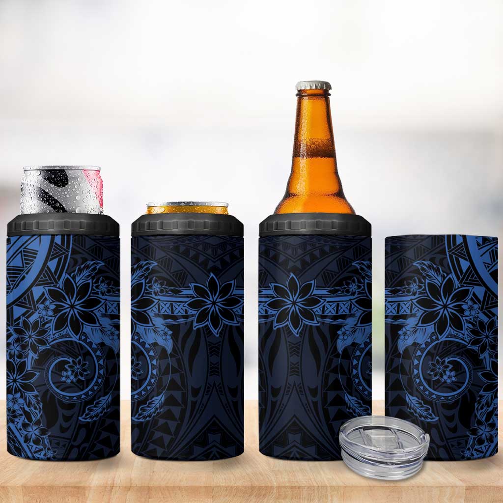 Navy Polynesian Pattern With Plumeria Flowers 4 in 1 Can Cooler Tumbler LT05 - Polynesian Pride