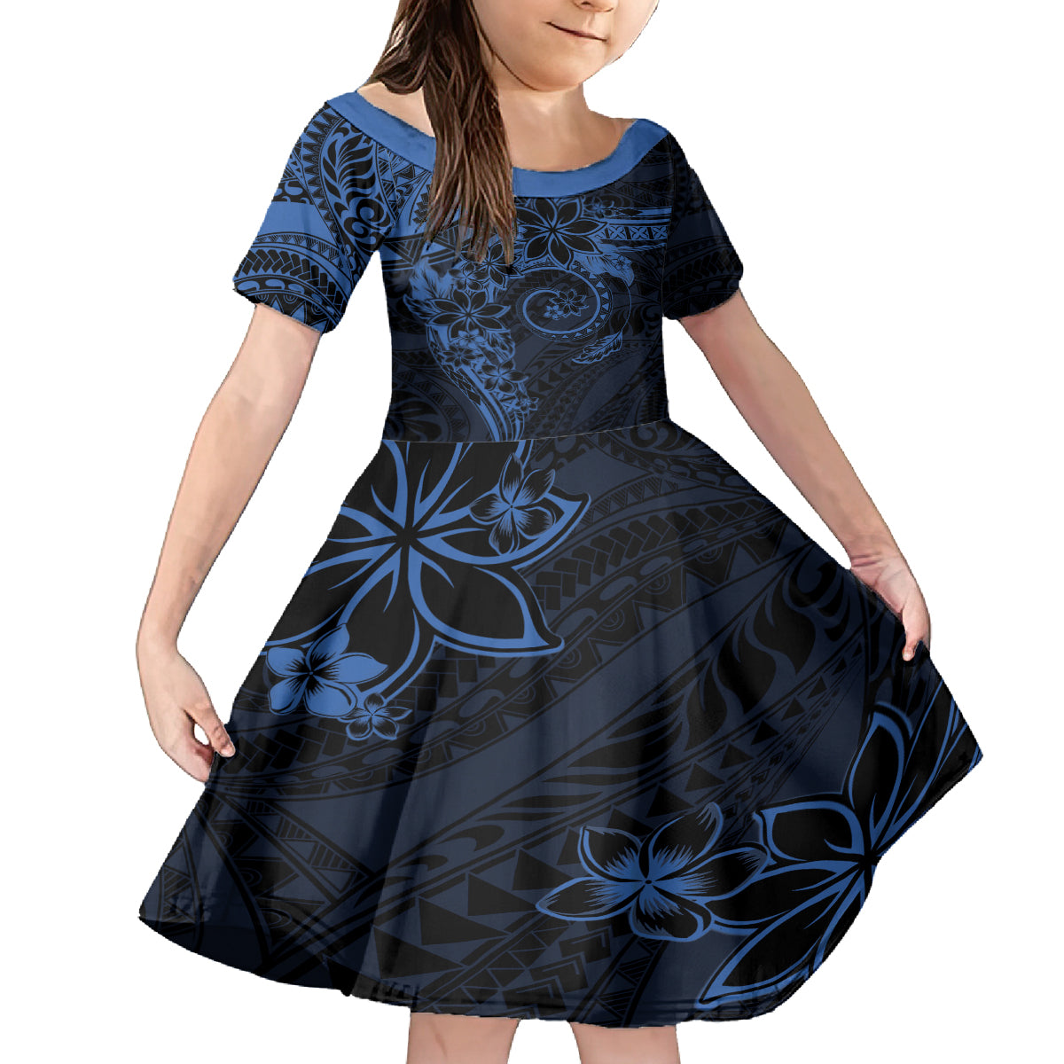 Polynesian Sunset Plumeria Kid Short Sleeve Dress Navy Polynesian Tattoo LT05 KID Navy - Polynesian Pride