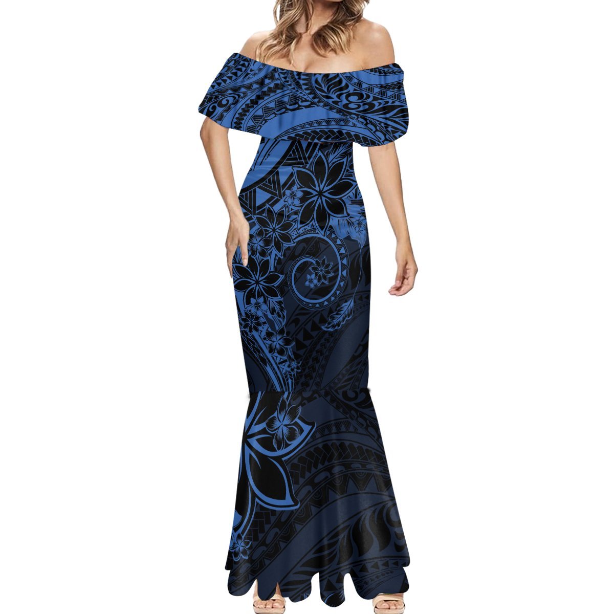 Polynesian Sunset Plumeria Mermaid Dress Navy Polynesian Tattoo LT05 - Polynesian Pride