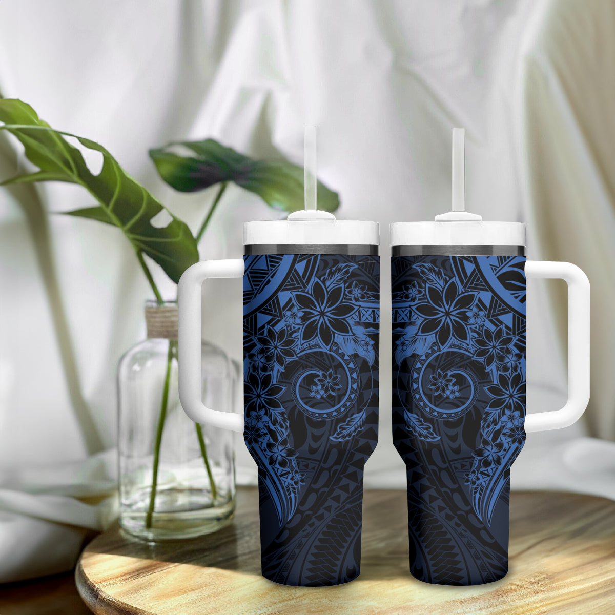 Navy Polynesian Pattern With Plumeria Flowers Tumbler With Handle LT05 - Polynesian Pride