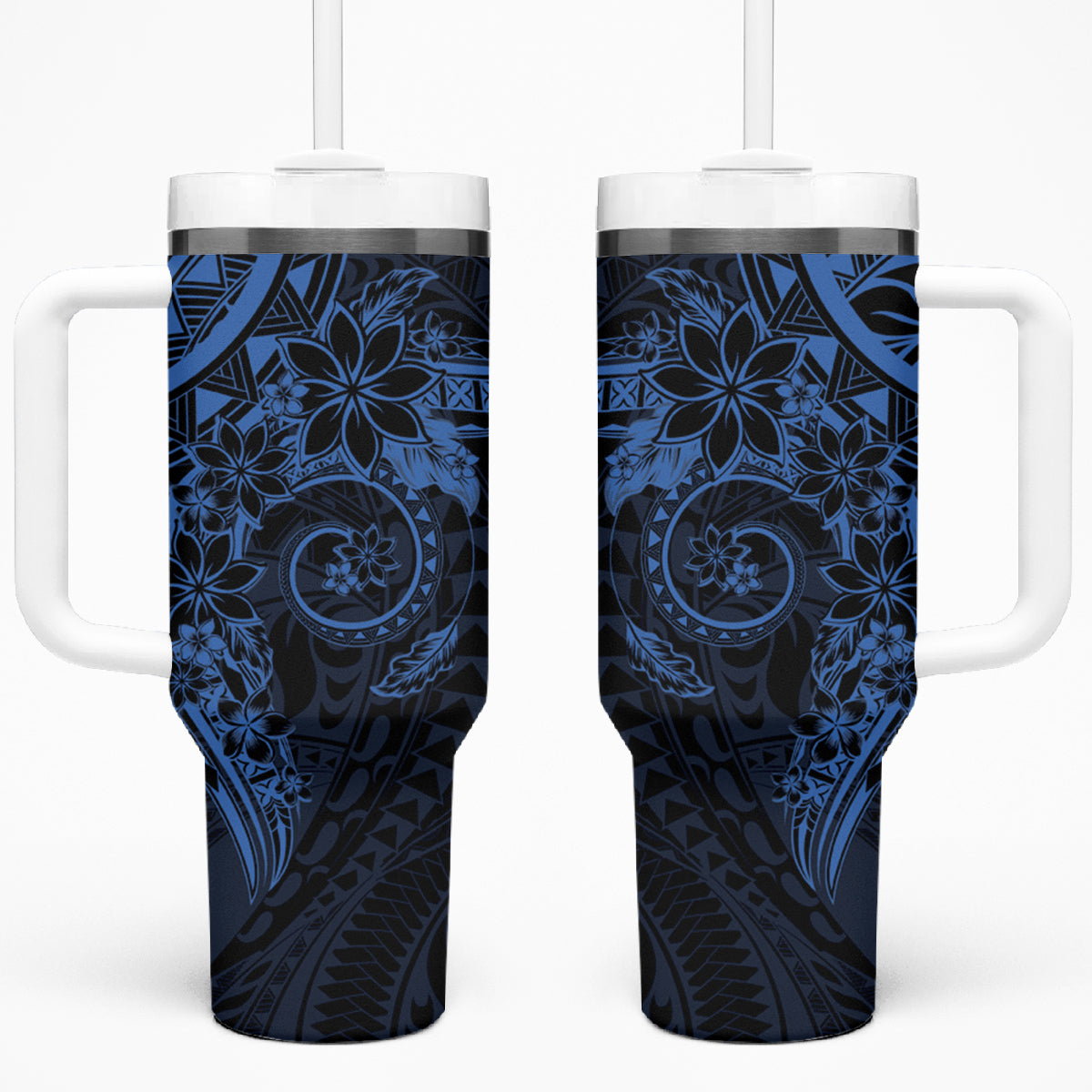 Navy Polynesian Pattern With Plumeria Flowers Tumbler With Handle LT05 One Size: 40 oz Navy - Polynesian Pride