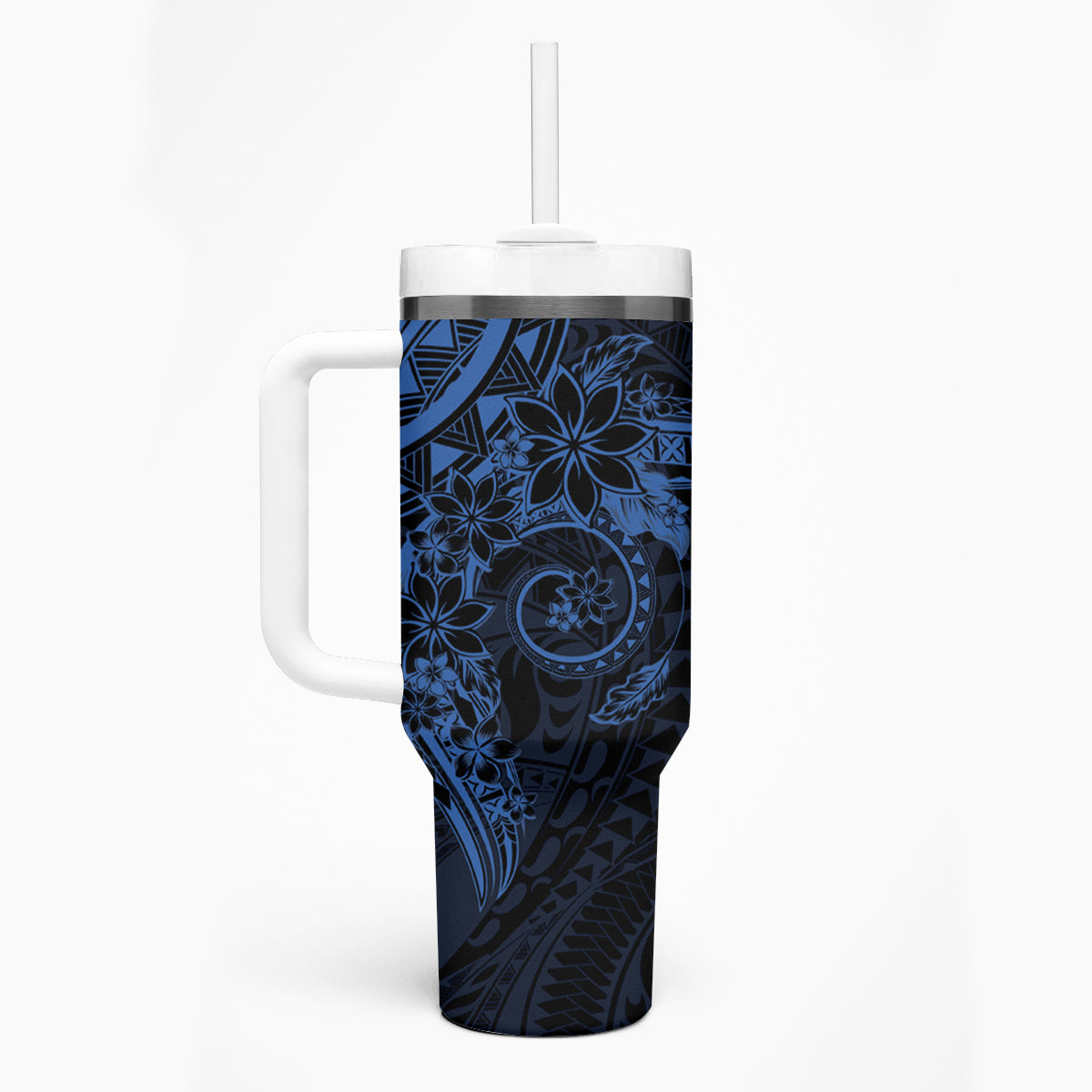 Navy Polynesian Pattern With Plumeria Flowers Tumbler With Handle LT05 - Polynesian Pride