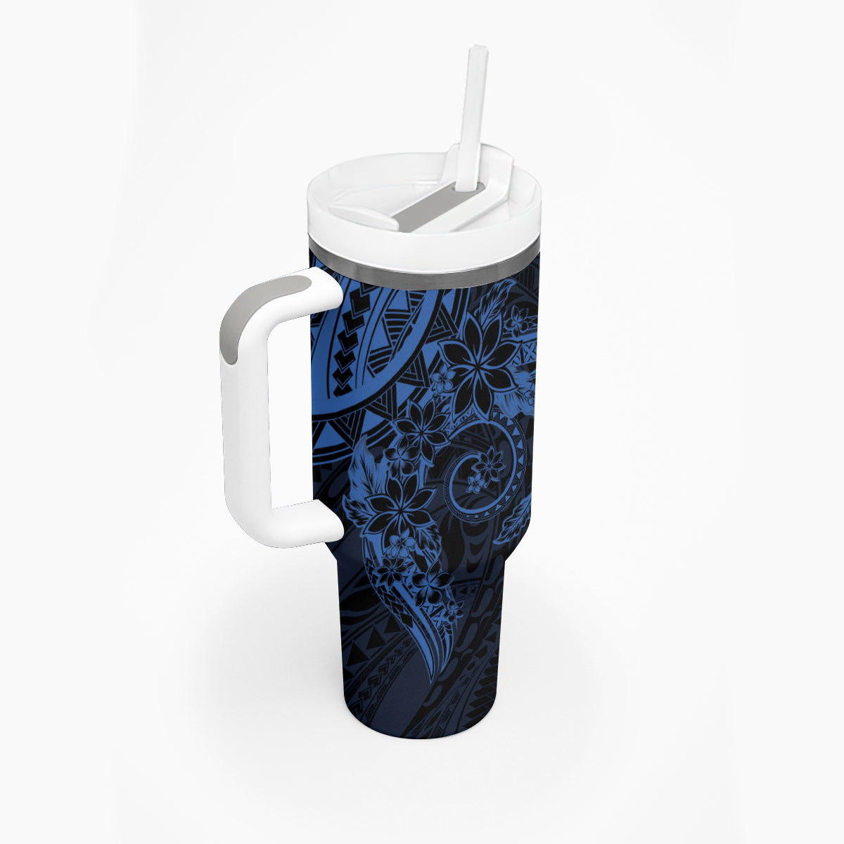 Navy Polynesian Pattern With Plumeria Flowers Tumbler With Handle LT05 - Polynesian Pride