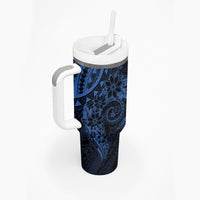 Navy Polynesian Pattern With Plumeria Flowers Tumbler With Handle LT05 - Polynesian Pride