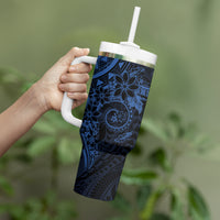 Navy Polynesian Pattern With Plumeria Flowers Tumbler With Handle LT05 - Polynesian Pride