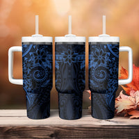 Navy Polynesian Pattern With Plumeria Flowers Tumbler With Handle LT05 - Polynesian Pride
