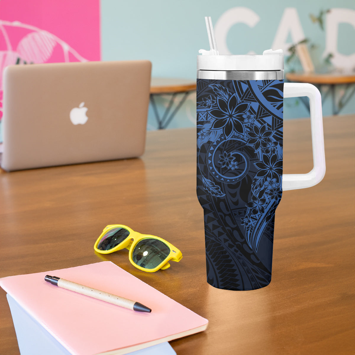 Navy Polynesian Pattern With Plumeria Flowers Tumbler With Handle LT05 - Polynesian Pride