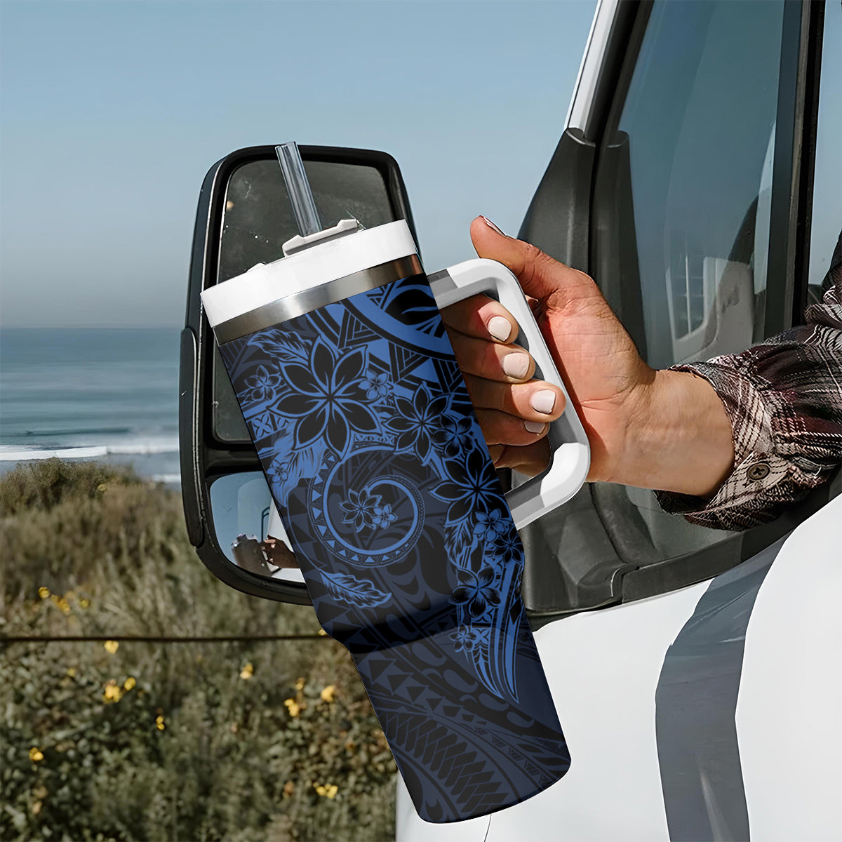 Navy Polynesian Pattern With Plumeria Flowers Tumbler With Handle LT05 - Polynesian Pride