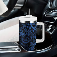 Navy Polynesian Pattern With Plumeria Flowers Tumbler With Handle LT05 - Polynesian Pride