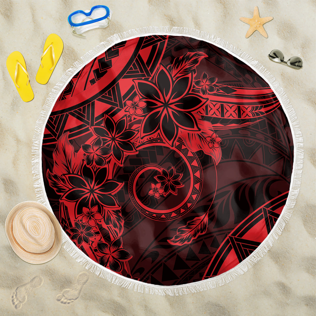 Polynesian Sunset Plumeria Beach Blanket Red Polynesian Tattoo LT05 One Size 150cm Red - Polynesian Pride