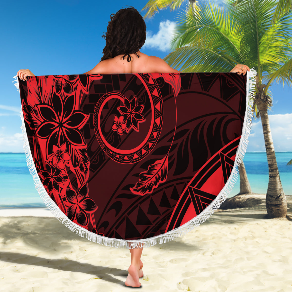 Polynesian Sunset Plumeria Beach Blanket Red Polynesian Tattoo LT05 - Polynesian Pride