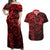 Polynesian Sunset Plumeria Couples Matching Off Shoulder Maxi Dress and Hawaiian Shirt Red Polynesian Tattoo