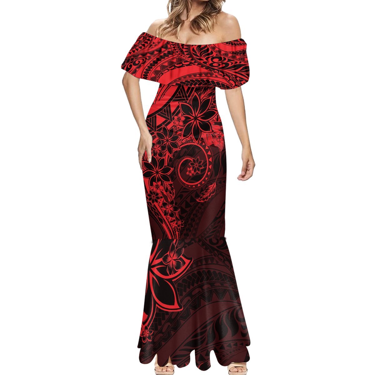 Polynesian Sunset Plumeria Mermaid Dress Red Polynesian Tattoo LT05 - Polynesian Pride