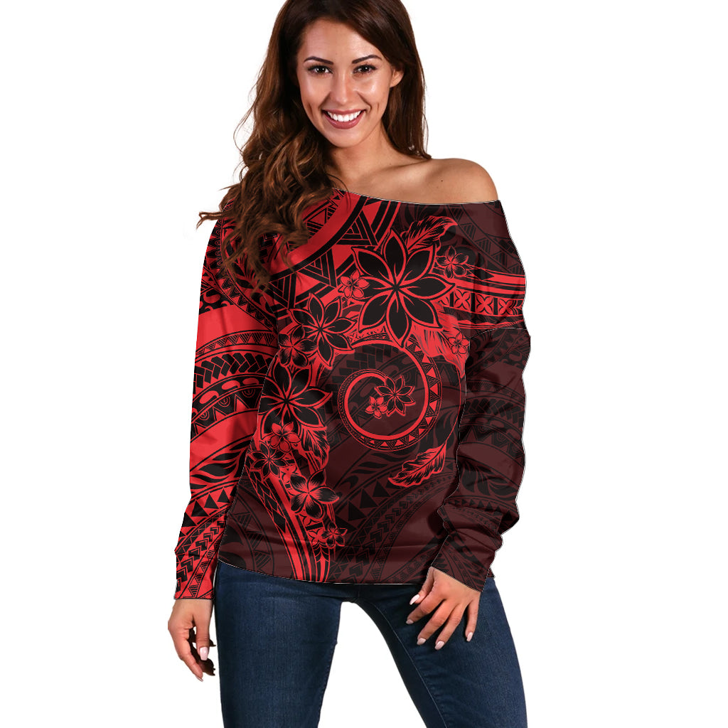 Polynesian Sunset Plumeria Off Shoulder Sweater Red Polynesian Tattoo LT05 Women Red - Polynesian Pride