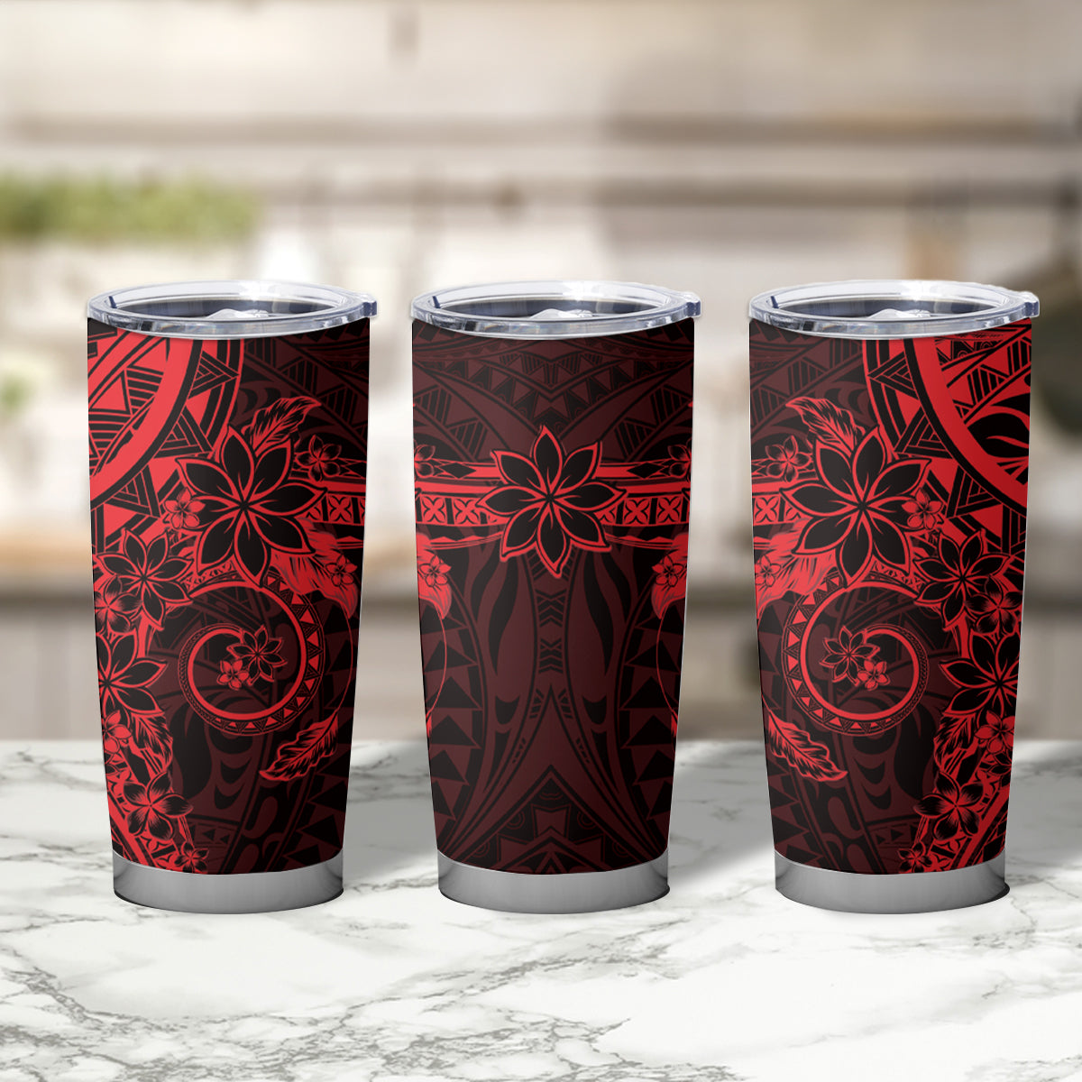 Red Polynesian Pattern With Plumeria Flowers Tumbler Cup LT05 - Polynesian Pride
