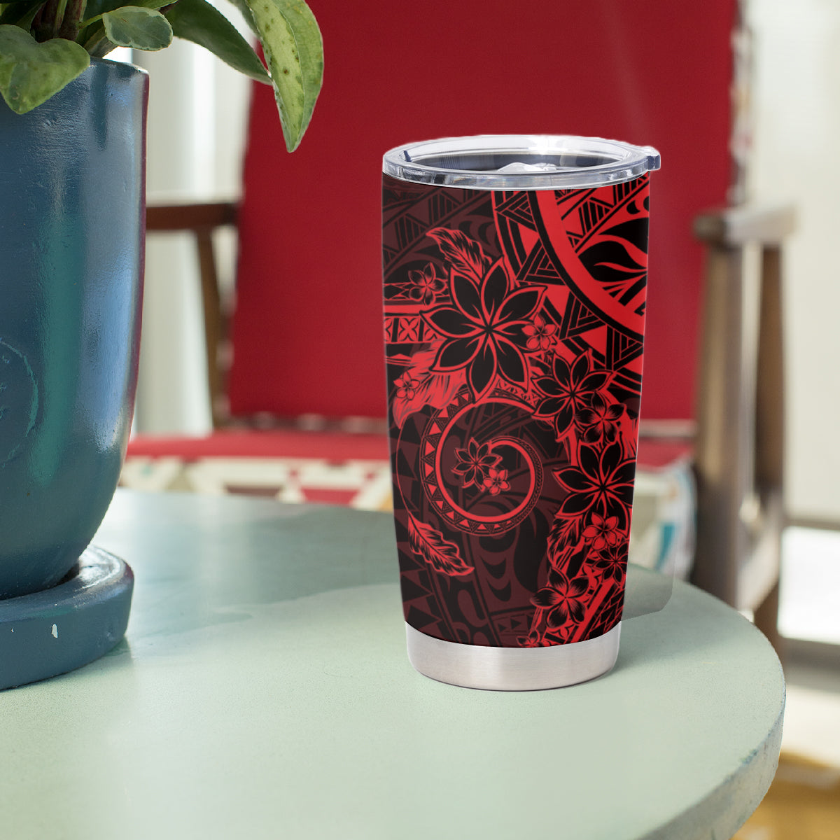 Red Polynesian Pattern With Plumeria Flowers Tumbler Cup LT05 - Polynesian Pride