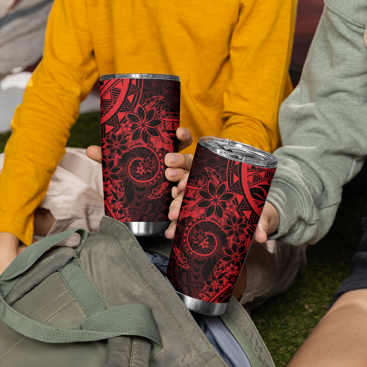 Red Polynesian Pattern With Plumeria Flowers Tumbler Cup LT05 - Polynesian Pride