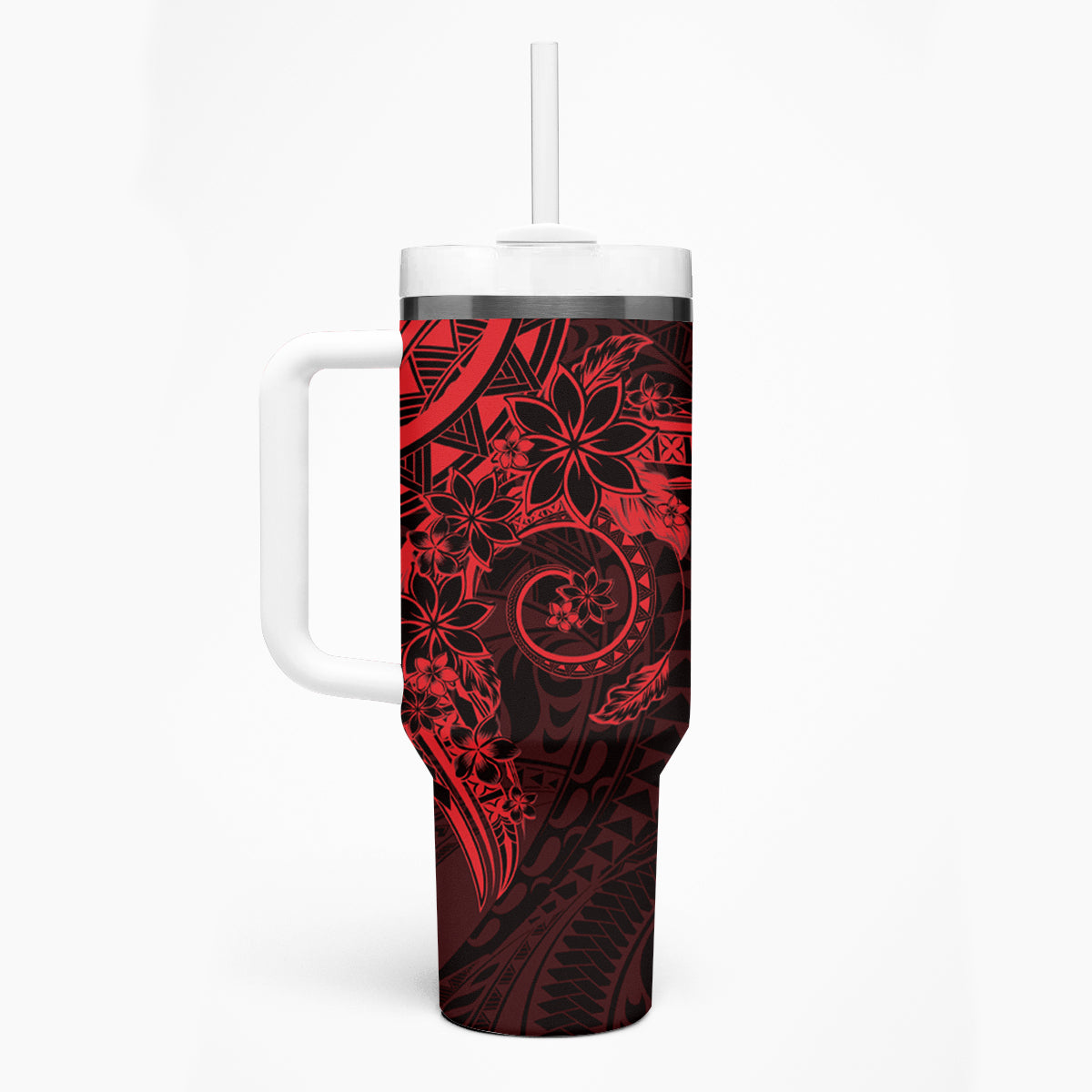 Red Polynesian Pattern With Plumeria Flowers Tumbler With Handle LT05 - Polynesian Pride