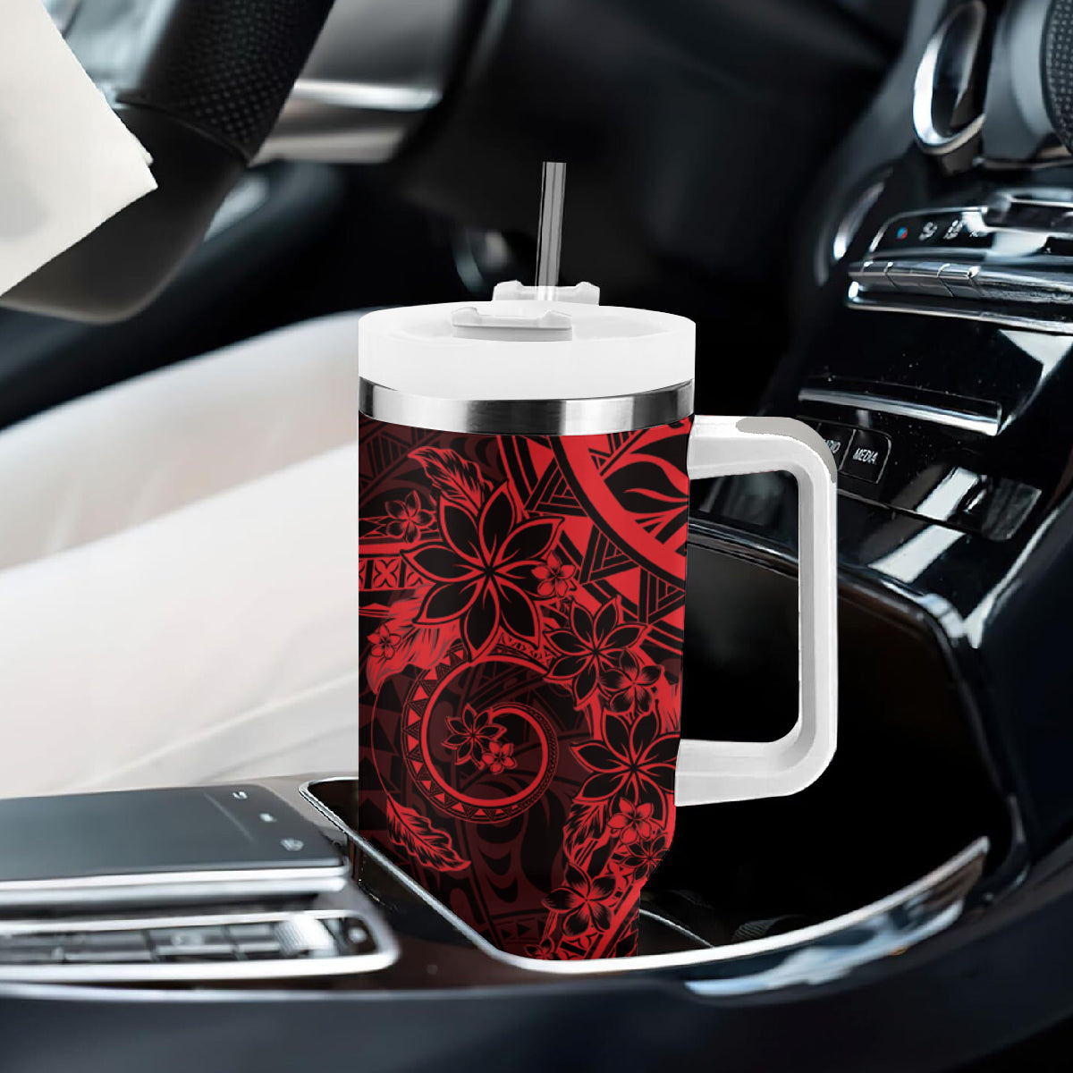 Red Polynesian Pattern With Plumeria Flowers Tumbler With Handle LT05 - Polynesian Pride