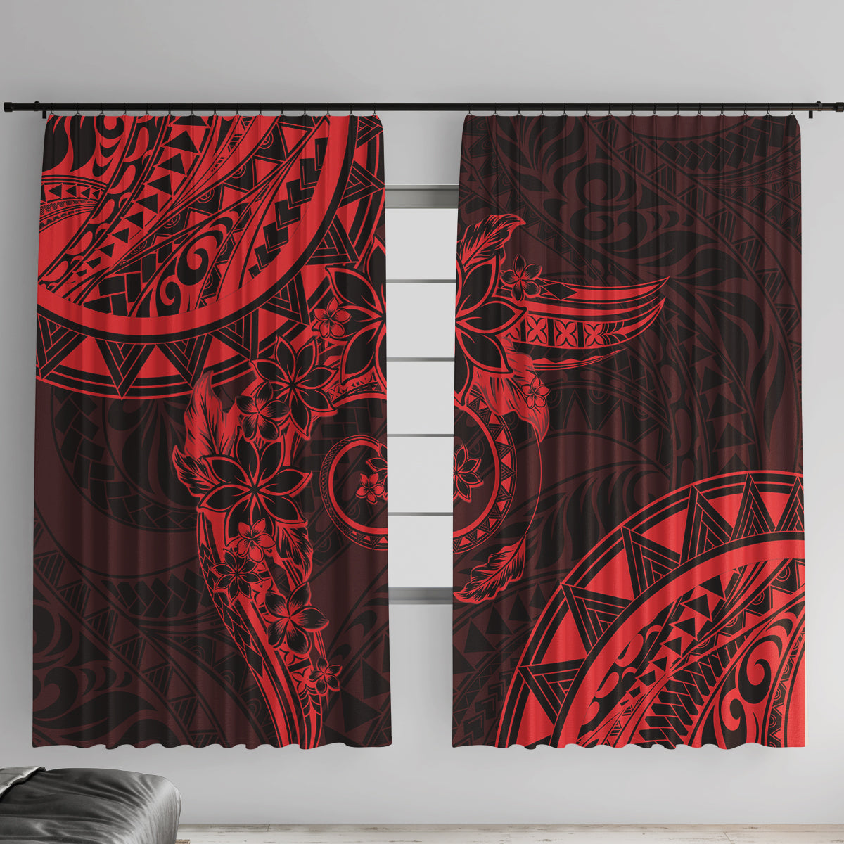 Polynesian Sunset Plumeria Window Curtain Red Polynesian Tattoo LT05 With Hooks Red - Polynesian Pride