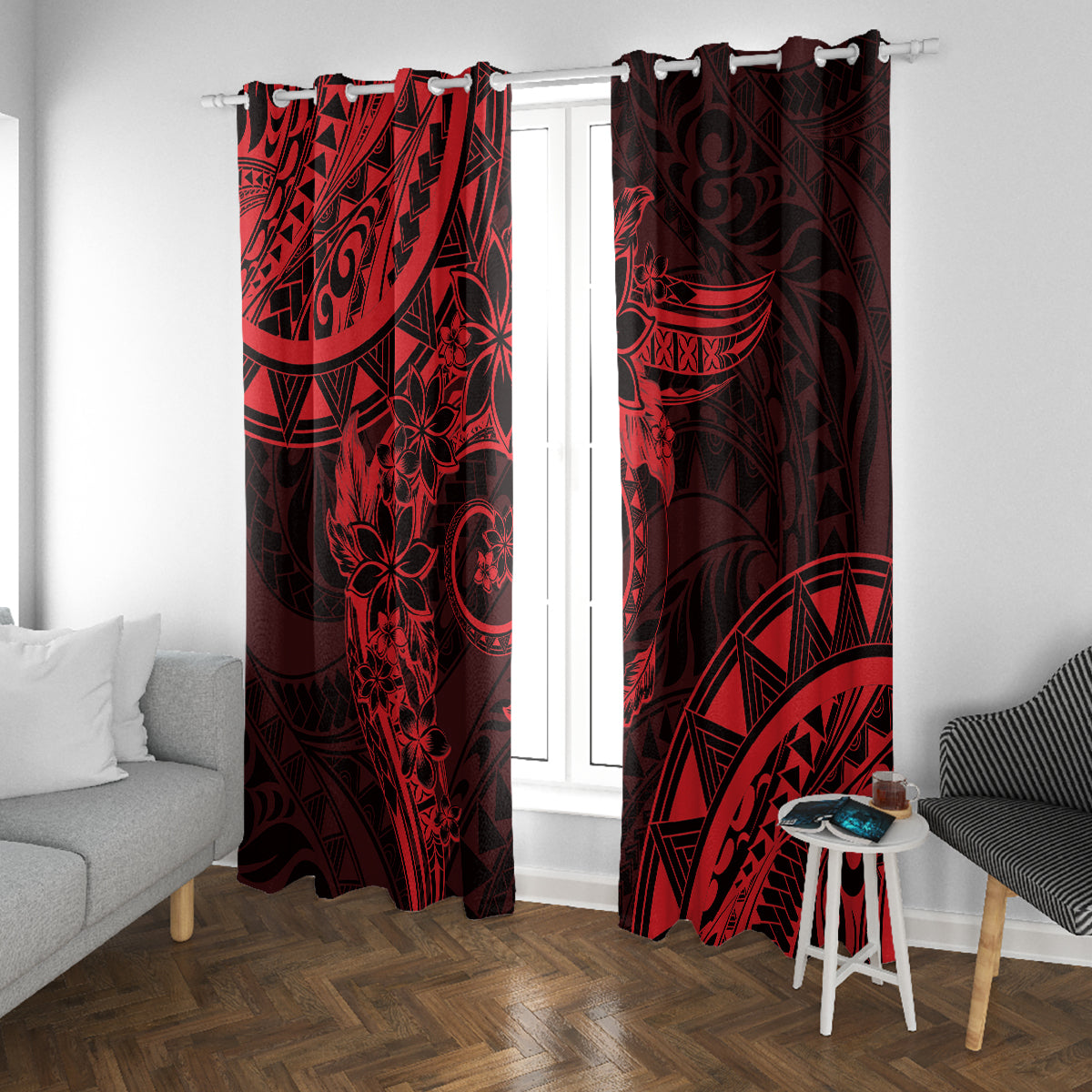 Polynesian Sunset Plumeria Window Curtain Red Polynesian Tattoo LT05 With Grommets Red - Polynesian Pride