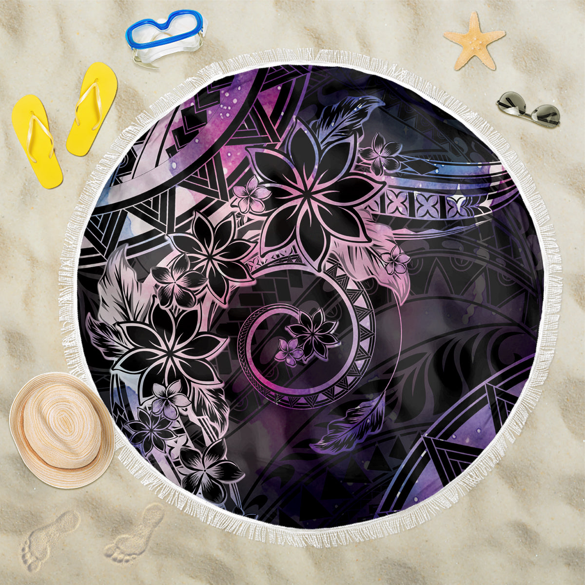 Polynesian Sunset Plumeria Beach Blanket Galaxy Polynesian Tattoo LT05 One Size 150cm Galaxy - Polynesian Pride