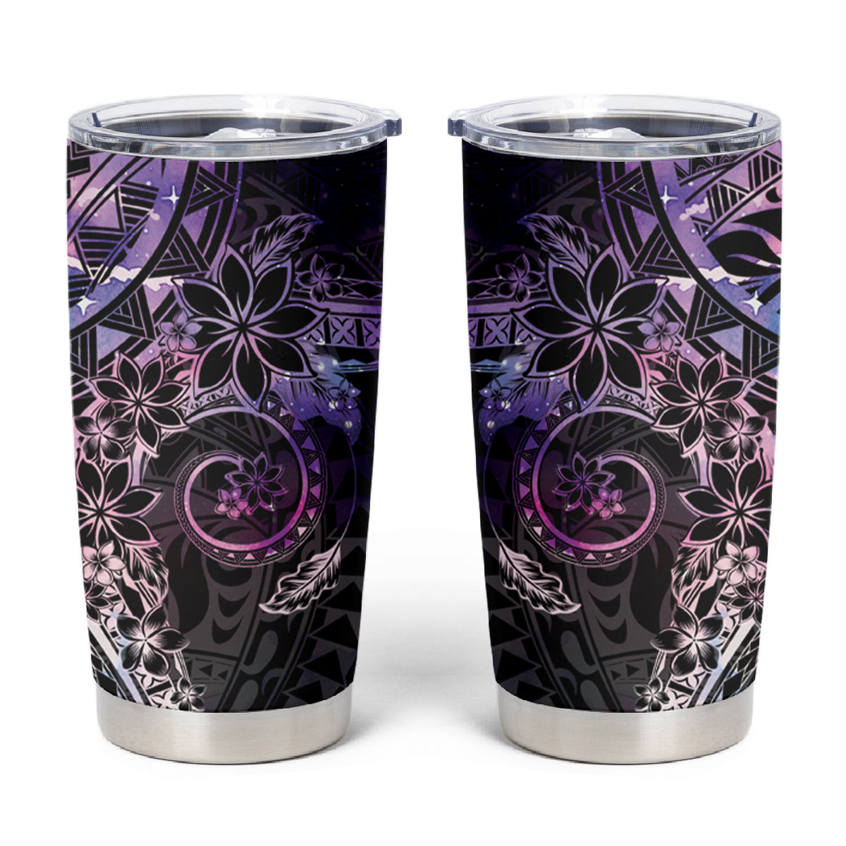 Galaxy Polynesian Pattern With Plumeria Flowers Tumbler Cup LT05 Galaxy - Polynesian Pride