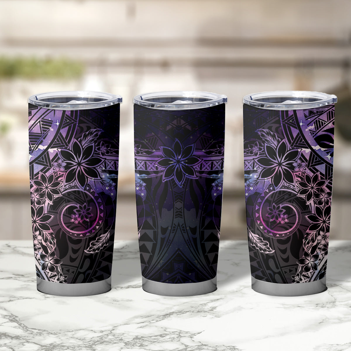 Galaxy Polynesian Pattern With Plumeria Flowers Tumbler Cup LT05 - Polynesian Pride