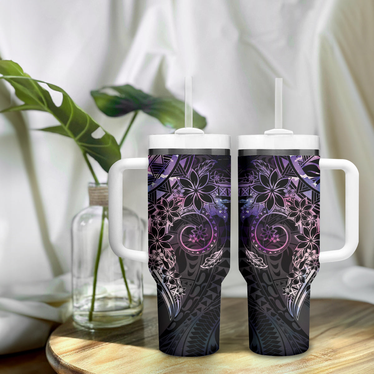 Galaxy Polynesian Pattern With Plumeria Flowers Tumbler With Handle LT05 - Polynesian Pride