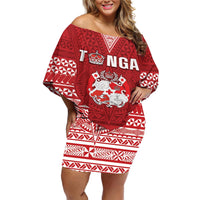 Tonga King Tupou VI Day Off Shoulder Short Dress Traditional Tongan Kupesi Pattern LT05 Women Red - Polynesian Pride