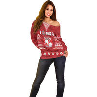 Tonga King Tupou VI Day Off Shoulder Sweater Traditional Tongan Kupesi Pattern LT05 - Polynesian Pride