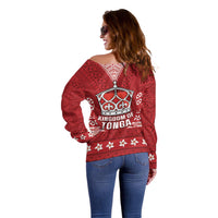 Tonga King Tupou VI Day Off Shoulder Sweater Traditional Tongan Kupesi Pattern LT05 - Polynesian Pride