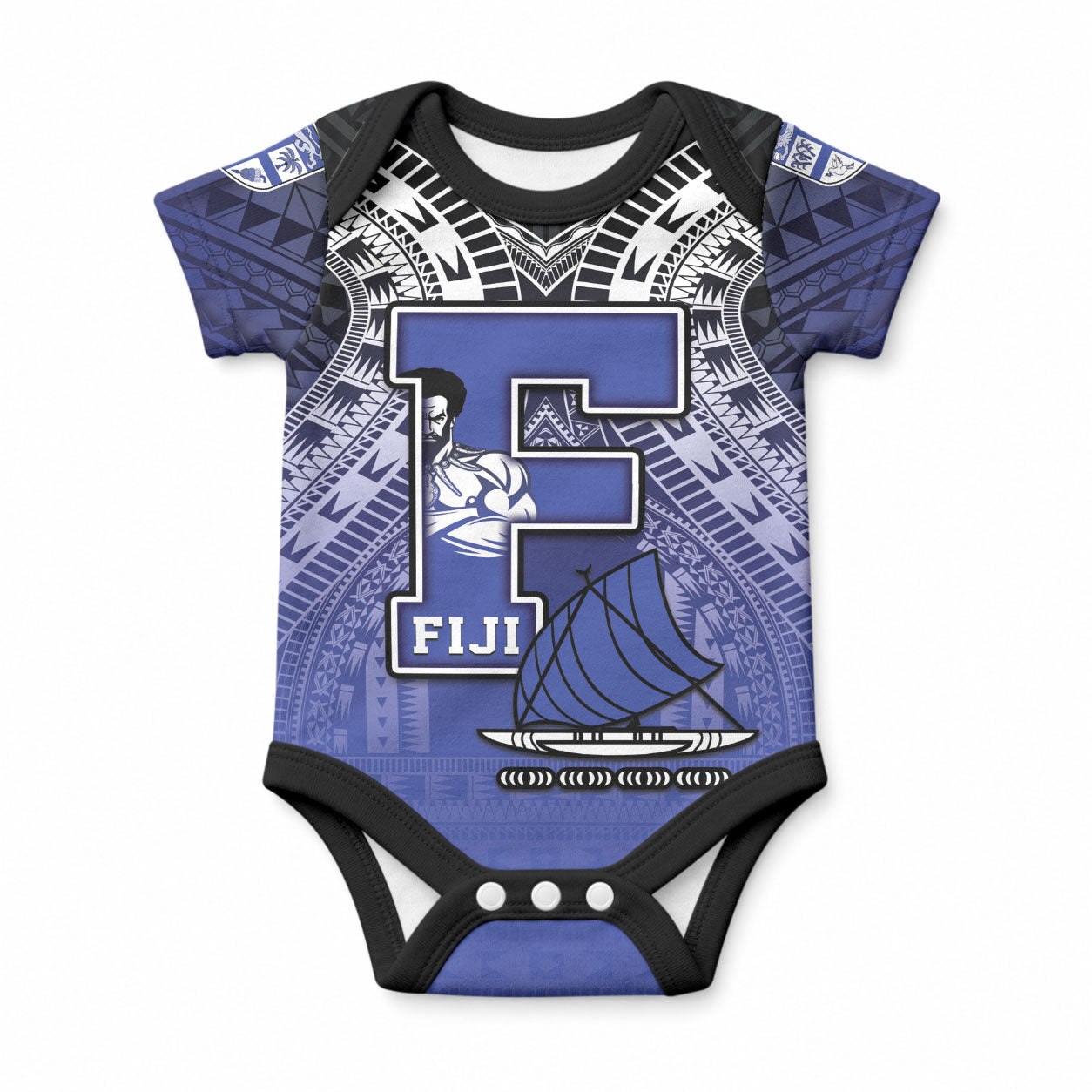 Custom Fiji Drua Baby Onesie Fijian Tapa Pattern LT05 Blue - Polynesian Pride