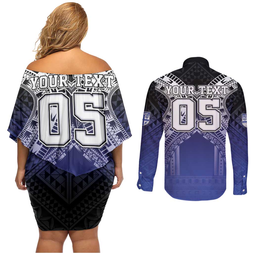 Custom Fiji Drua Couples Matching Off Shoulder Short Dress and Long Sleeve Button Shirt Fijian Tapa Pattern LT05 - Polynesian Pride