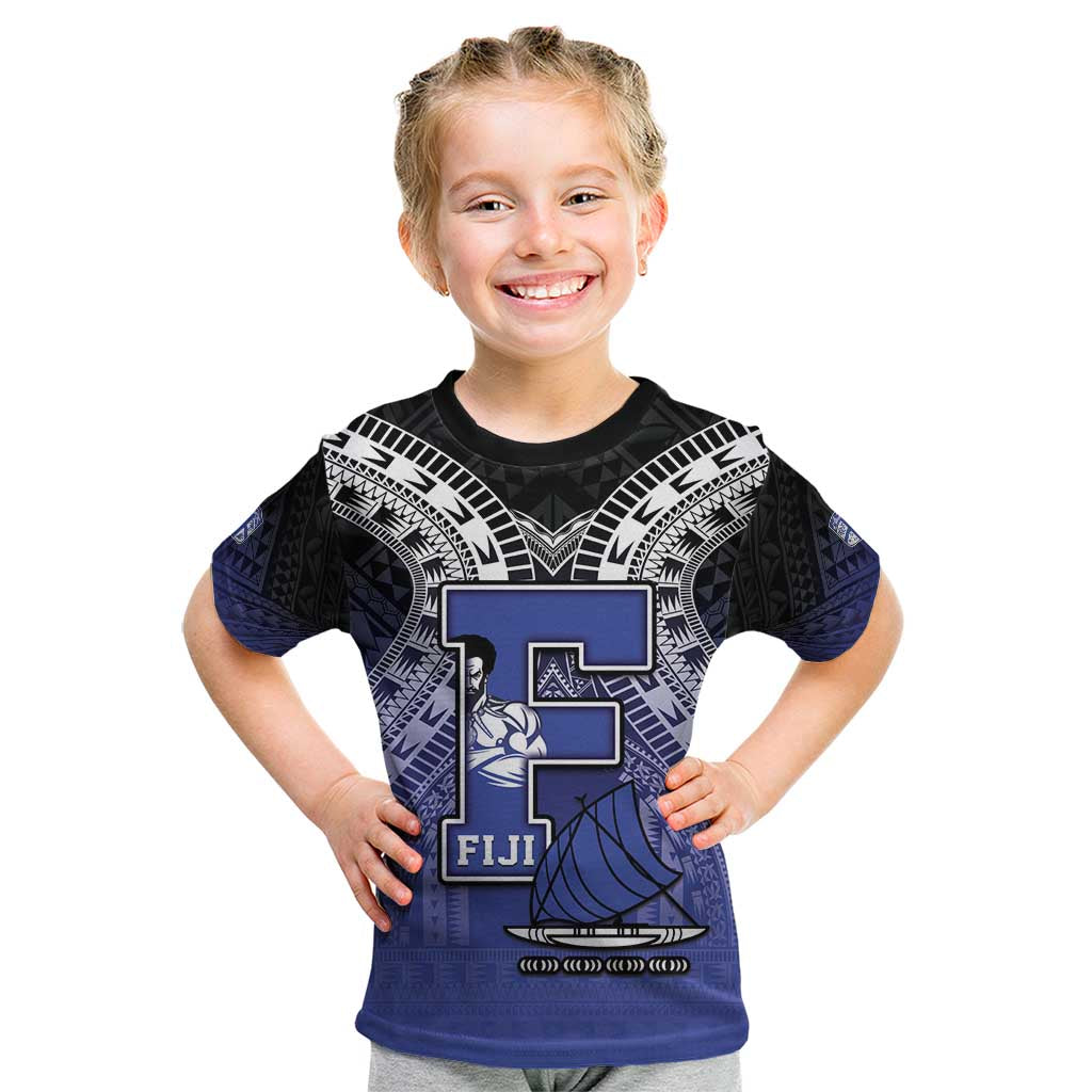 Custom Fiji Drua Kid T Shirt Fijian Tapa Pattern LT05 Blue - Polynesian Pride