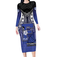 Custom Fiji Drua Long Sleeve Bodycon Dress Fijian Tapa Pattern LT05 Long Dress Blue - Polynesian Pride