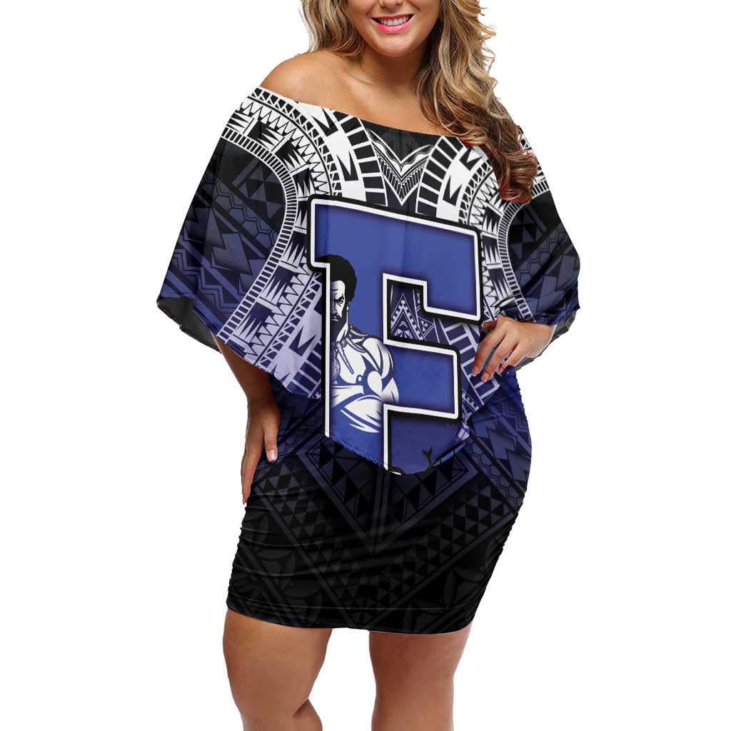 Custom Fiji Drua Off Shoulder Short Dress Fijian Tapa Pattern LT05 Women Blue - Polynesian Pride